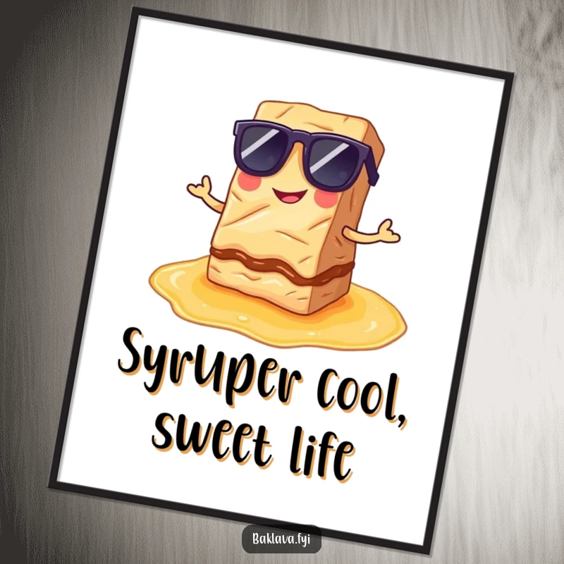 Funny Free Printable Wall Art: A happy baklava slice sporting sunglasses poses proudly on a syrup puddle, exuding cool confidence.