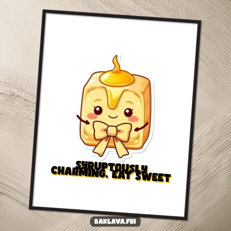 Funny Free Printable Baklava wall art of a charming slice with golden syrup, elegantly presenting a bow, adding sweetness.