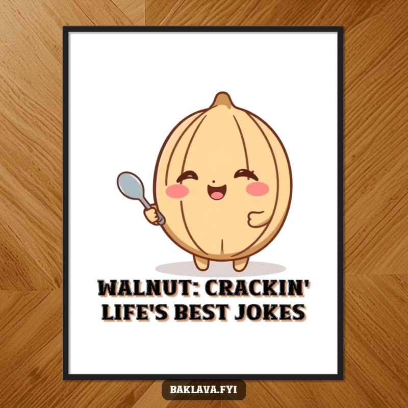 Funny Free Printable Walnut Wall Art: A happy walnut winking playfully and holding a tiny spoon.