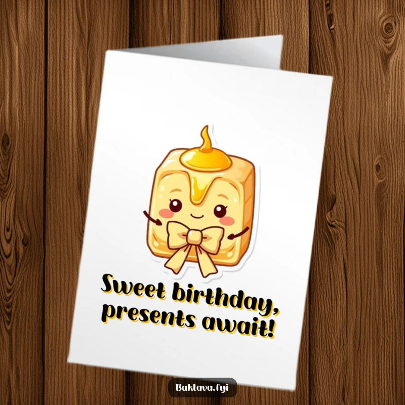 Funny Free Printable Baklava birthday card of a charming slice with golden syrup, elegantly presenting a bow, wishing joy.