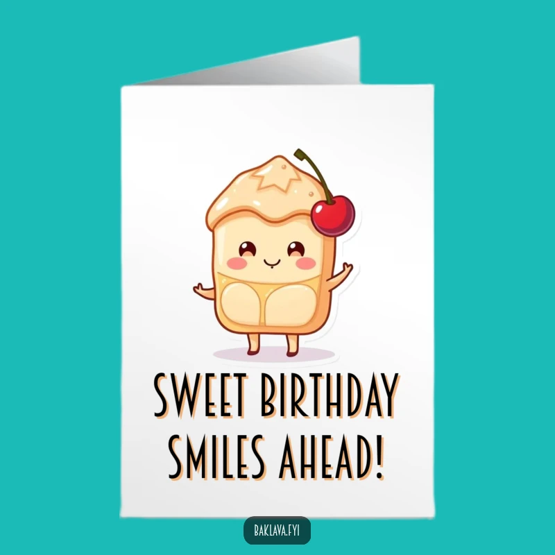Free Printable Baklava Birthday Card: Happy Cherry-Balancing Slice Funny Downloadable Gift