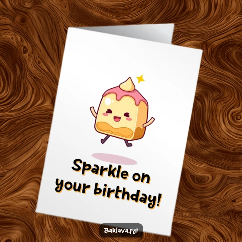 Funny Free Printable Baklava birthday card featuring a whimsical slice with a sparkle, joyfully doing a little jump for celebration.