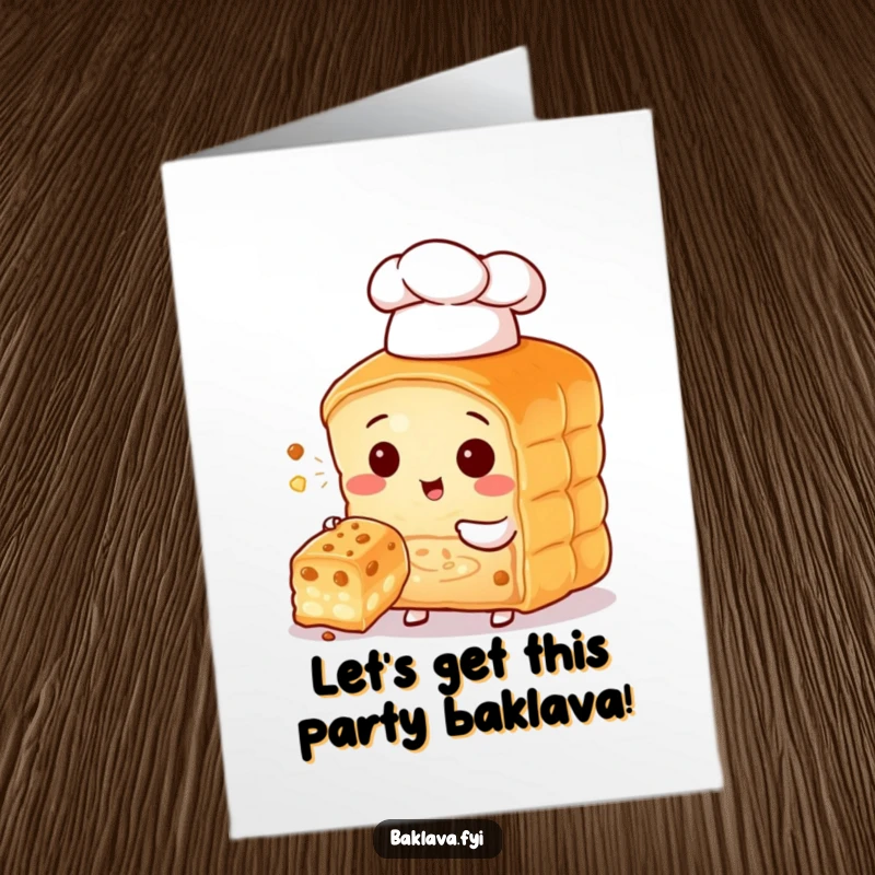 Funny Free Printable Birthday Card: Baklava character in a chef hat offers a tasty bite.