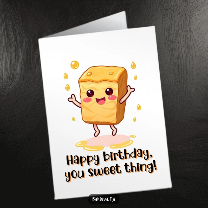 Funny Free Printable Birthday Card: Happy baklava slice dances joyfully, surrounded by sweet syrup.