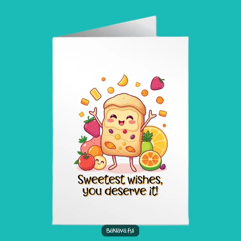 Free Printable Birthday Card: Funny Baklava Juggling Fruits - Instant Download Gift