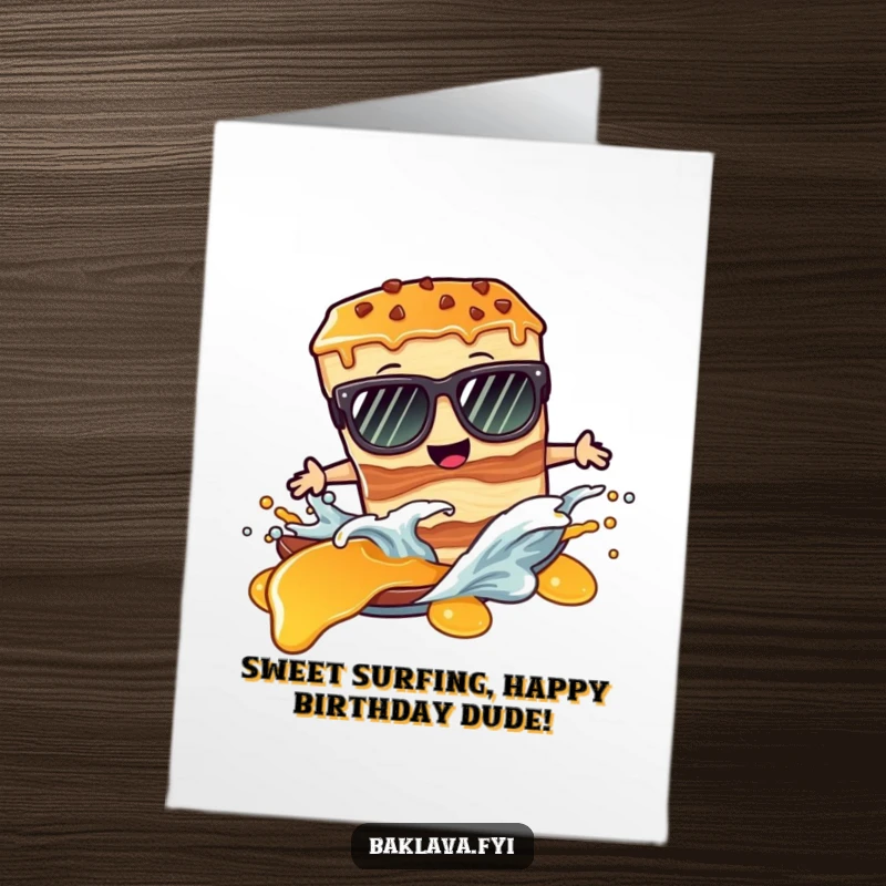 Funny Free Printable Birthday Card featuring a cool baklava slice sunglasses surfing a syrup wave.