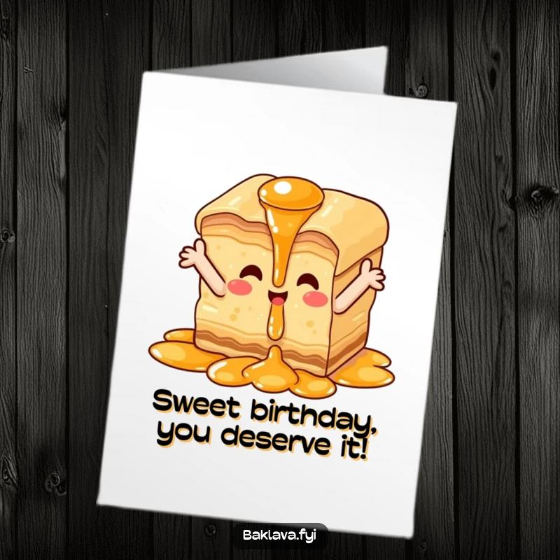 Funny Free Printable Birthday Card: Happy baklava piece with tiny arms outstretched enjoys a syrup waterfall, a sweet celebration.