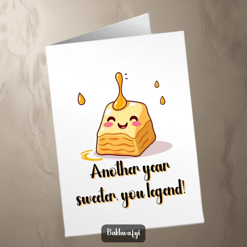Funny Free Printable Birthday Card showing a cheerful baklava slice expertly juggling glistening syrup droplets for a sweet celebration.