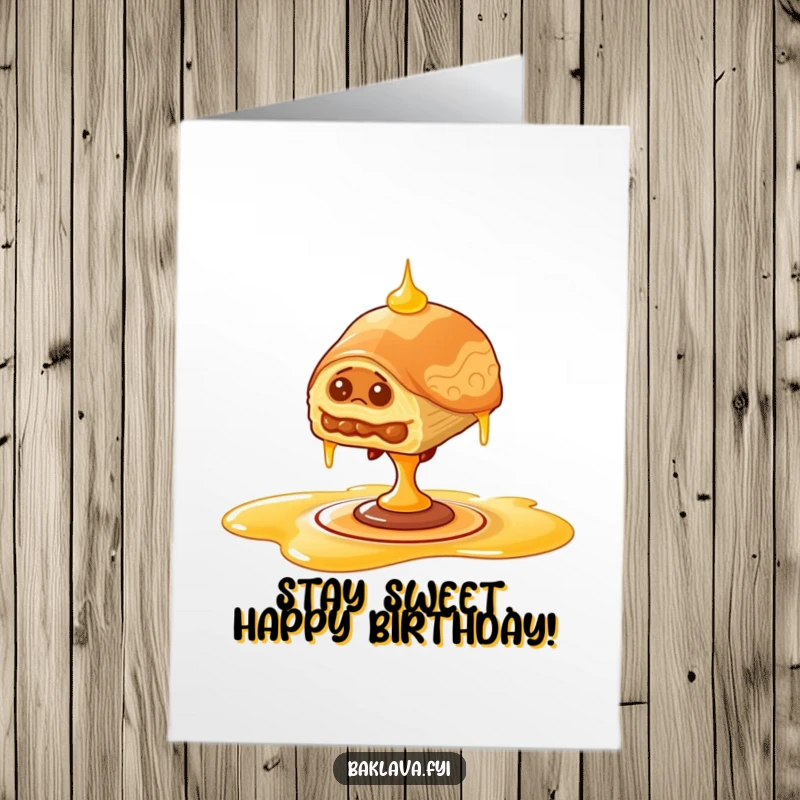 Funny Free Printable Birthday Card: Wobbly baklava tries to balance on spinning honey drizzle, a comical birthday wish.