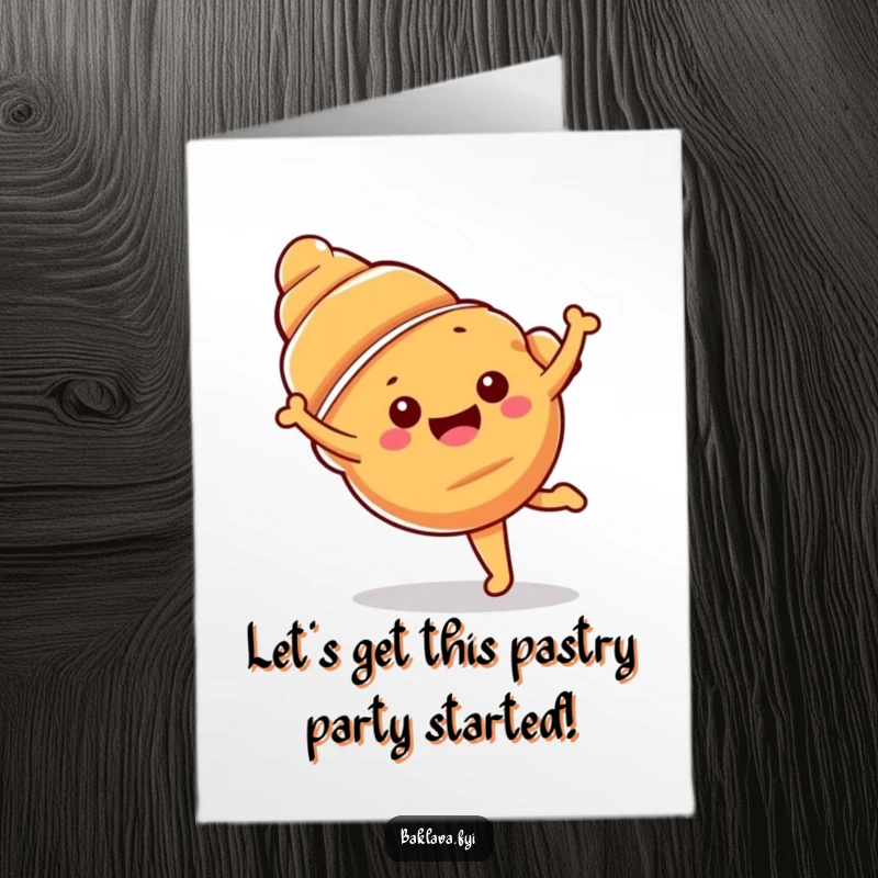 Funny free printable birthday card featuring a happy croissant doing a cartwheel, bringing energetic and delicious birthday wishes.