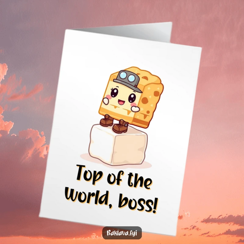 Funny Free Printable Birthday Card: Determined baklava in explorer boots climbs a sugar cube, a small feat for a big birthday.