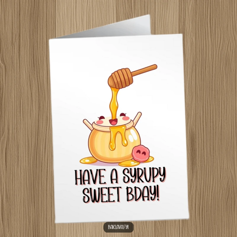 Funny free printable birthday card featuring a joyful honey pot pouring sweet syrup, spreading birthday cheer and deliciousness.