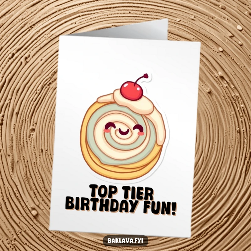 Funny Free Printable Birthday Card: A layered pastry joyfully twirling with a bright cherry on top, festive.