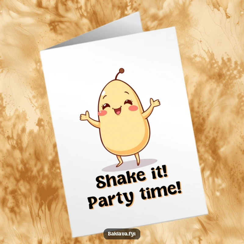 Funny Free Printable Birthday Card with a jolly sesame seed doing a tiny jig, celebrating a birthday.