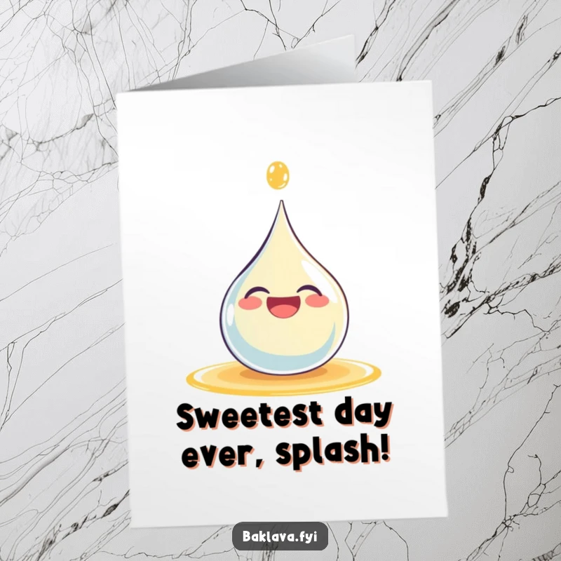 Funny Free Printable Birthday Card with a giggling syrup droplet splashing happily, spreading birthday cheer.