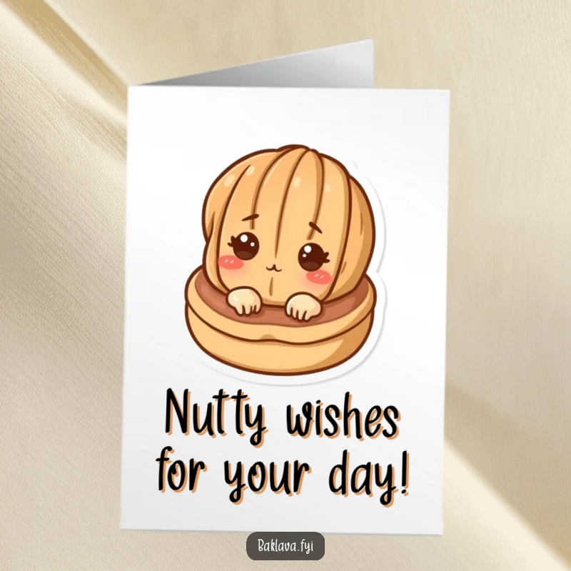Funny Free Printable Birthday Card featuring a curious walnut character peeking from a delicious pastry, ready to celebrate.