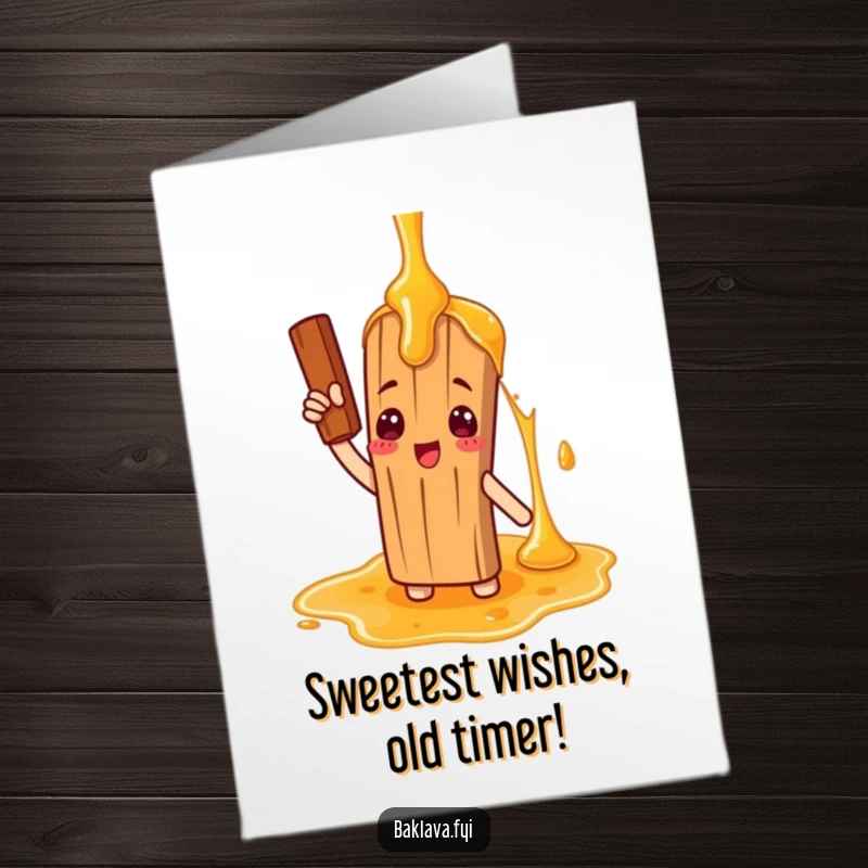 Funny Free Printable Birthday Card: Cute cinnamon stick character comically saluting a giant honey drizzle.