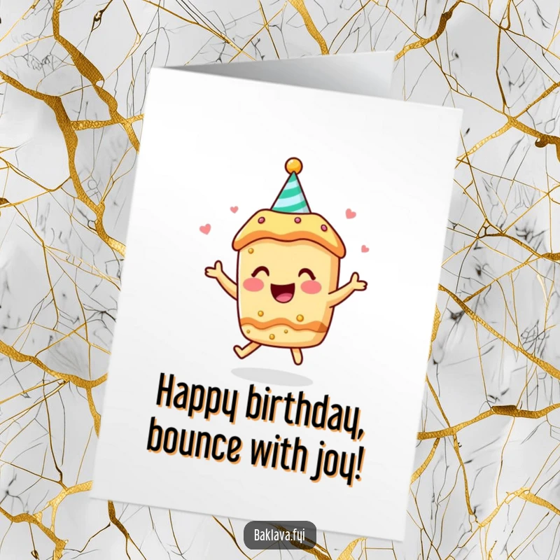 Funny Free Printable Birthday Card featuring a baklava character in a party hat bouncing with pure joy.