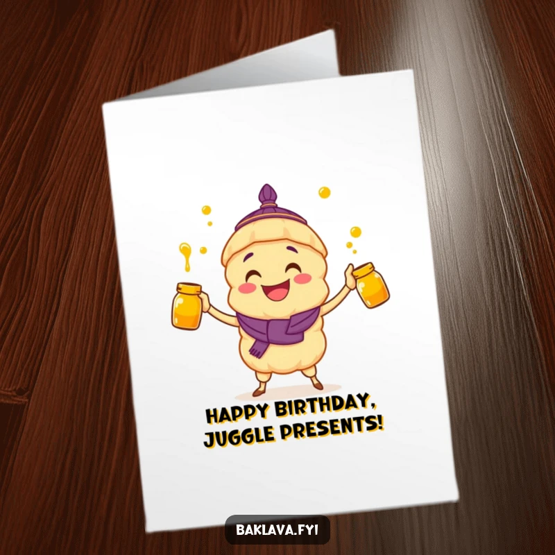Funny Free Printable Birthday Card showing a grinning baklava character joyfully juggling honey jars.