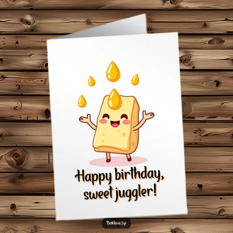 Funny Free Printable Birthday Card: Happy baklava slice juggling honey drops, a delightful and humorous dessert-themed downloadable card.