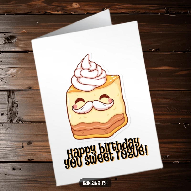 Funny Free Printable Birthday Card: Playful baklava wedge with a whipped cream mustache winking cheekily. Hilarious dessert-themed downloadable fun!