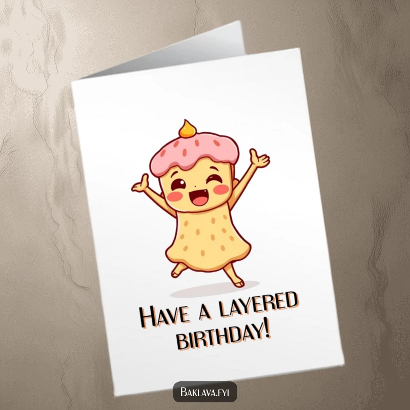 Funny Free Printable Birthday Card: A baklava character striking a triumphant dance pose with glee.