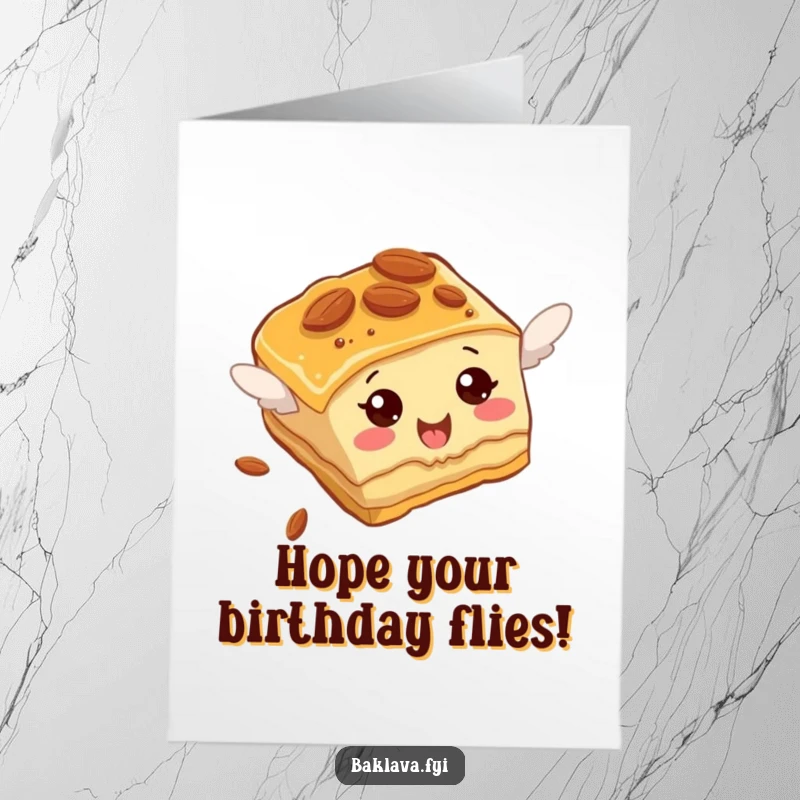 Funny Free Printable Baklava birthday card of an almond-studded slice hilariously attempting to fly, reaching for new heights.