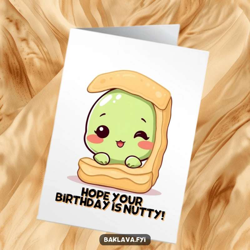 Funny Free Printable Birthday Card: A cute, shy pistachio peeking nervously from behind a golden baklava layer, wishing happy birthday.