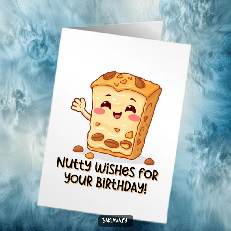 Funny Free Printable Baklava birthday card featuring a cheerful slice with nuts waving hello, ready for your happy birthday message.