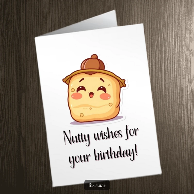 Funny Free Printable Birthday Card: A surprised baklava wearing a walnut hat tilts its head in shock.