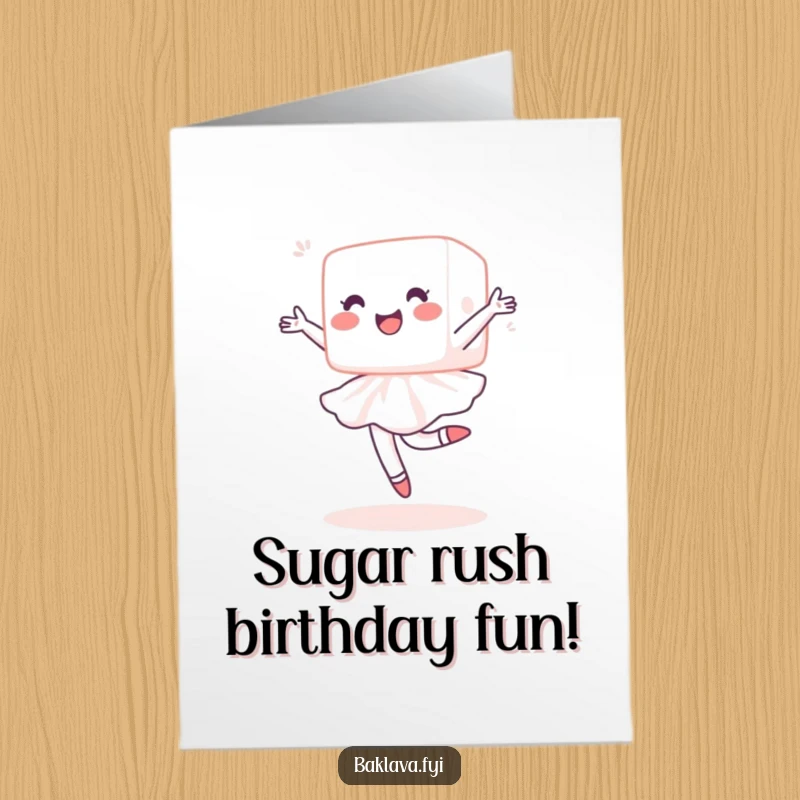 Funny Free Printable Sugar Cube Birthday Card: A delighted sugar cube gracefully performing a ballet pirouette.