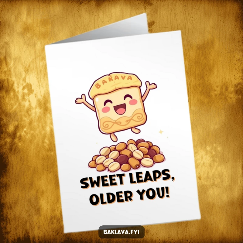 Funny Free Printable Birthday Card: Baklava character joyfully leaping over nuts, celebrating with pure delight.