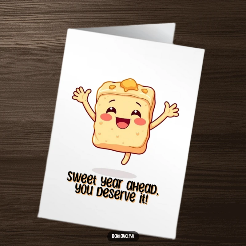 Funny free printable birthday card with a smiling piece of baklava leaping joyfully, wishing a happy birthday in a delicious way.