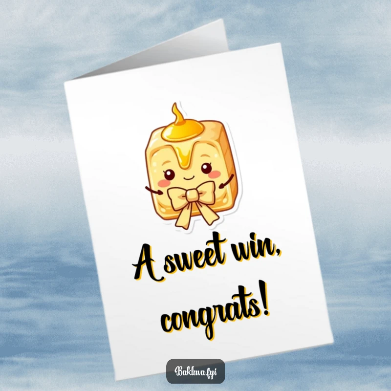 Funny Free Printable Baklava congratulations card showing a charming slice with golden syrup, presenting a bow, perfect for celebrating.