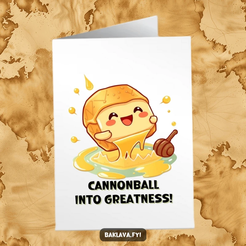 Funny Free Printable Congratulations Card: A giggling baklava piece performs a cannonball into a sweet honey pool.