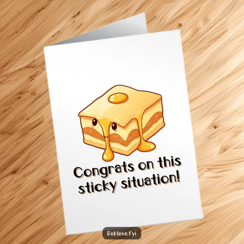 Funny Free Printable Congratulations Card showing a wiggling baklava slice with syrup dripping, perfect for messy celebrations.