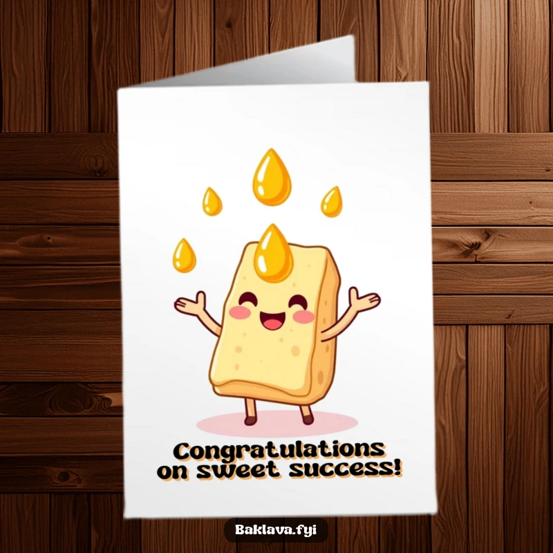 Funny Free Printable Congratulations Card: A happy baklava slice expertly juggling honey drops, celebrating success humorously. Downloadable art!