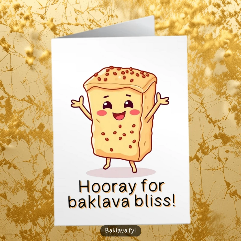 Funny Free Printable Congratulations Card showing a joyous piece of baklava doing a happy dance, perfect for celebrating wins.