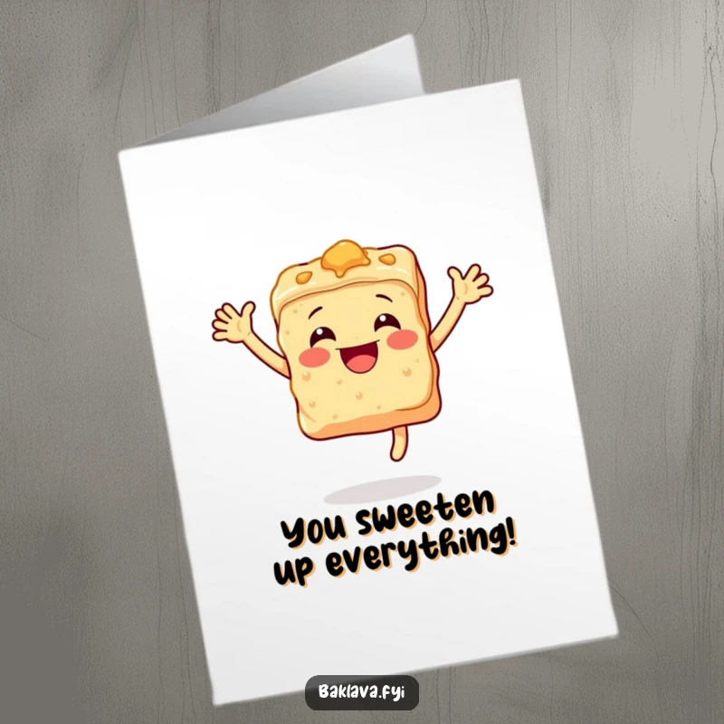 Funny free printable congratulations card featuring a happy piece of baklava leaping with joy, celebrating a sweet victory.