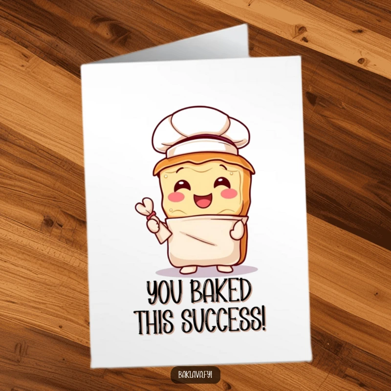 Funny Free Printable Chef Baklava Congratulations Card: Joyful pastry in chef hat holding pastry bag, cheering success.