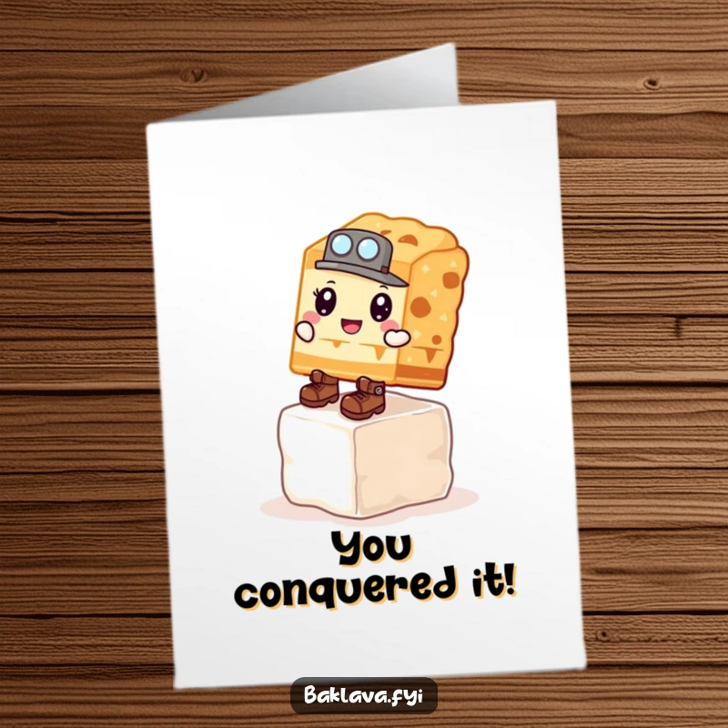 Funny Free Printable Congratulations Card: Baklava explorer in boots conquers a sugar cube, symbolizing a sweet victory.