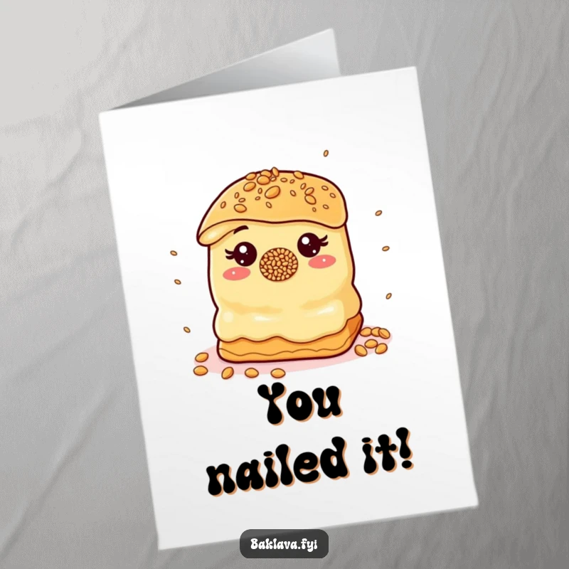 Funny Free Printable Congratulations Card: Baklava with sprinkle nose expertly juggles sesame seeds, celebrating a successful accomplishment.