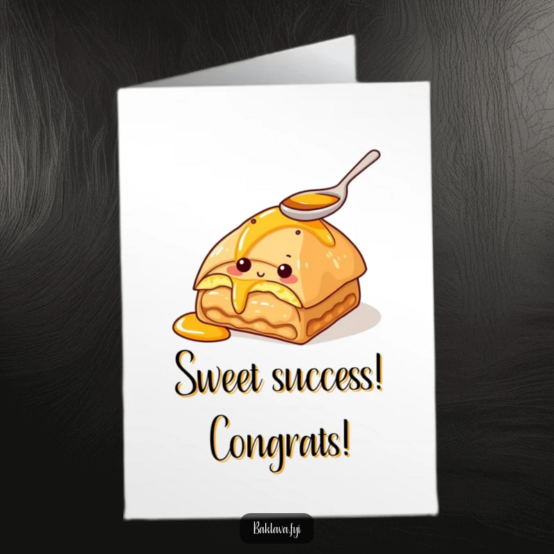 Funny free printable congratulations card: a baklava savoring honey with a small spoon, celebrating tasty success.