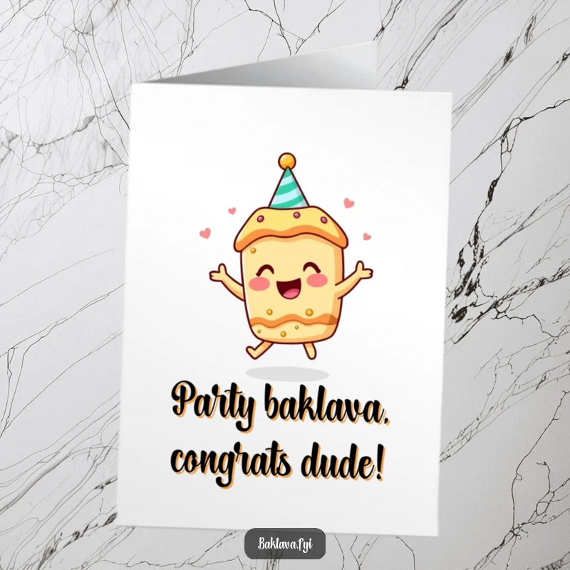 Free Printable Congratulations Card: A baklava character wearing a party hat bounces energetically with joy.