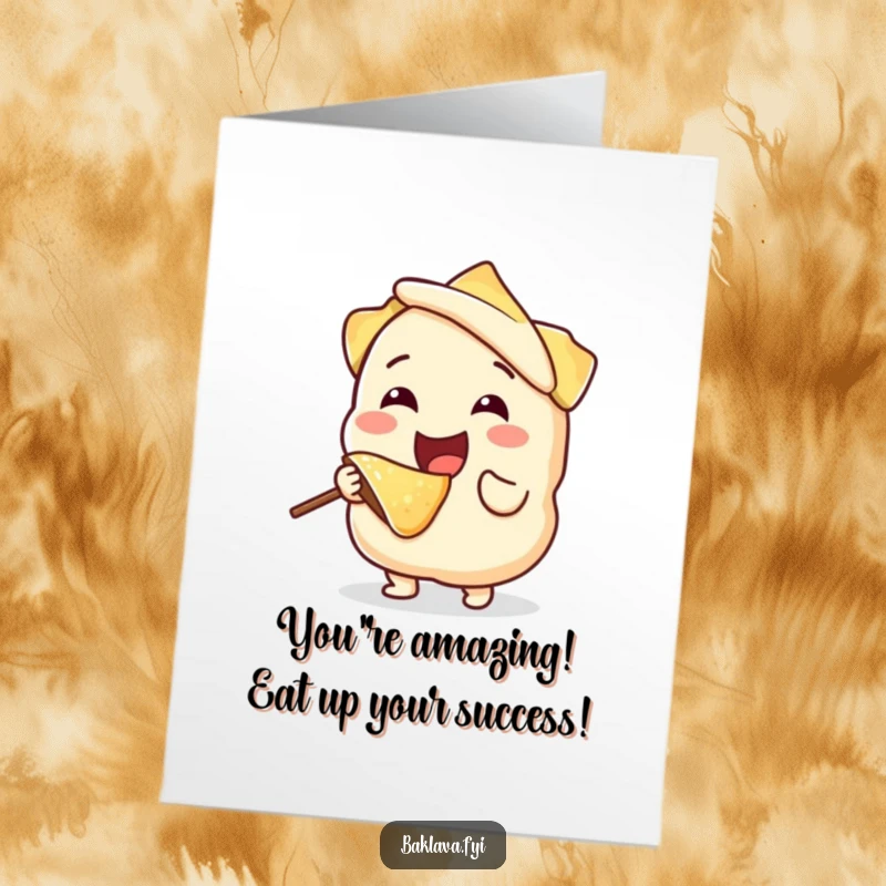 Funny Free Printable Congrats Card: Phyllo dough character happily biting itself, celebrating a successful, layered accomplishment.
