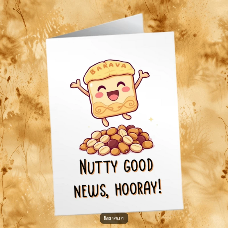 Funny Free Printable Congratulations Card: Baklava character mid-leap over nuts, signifying excitement and success.