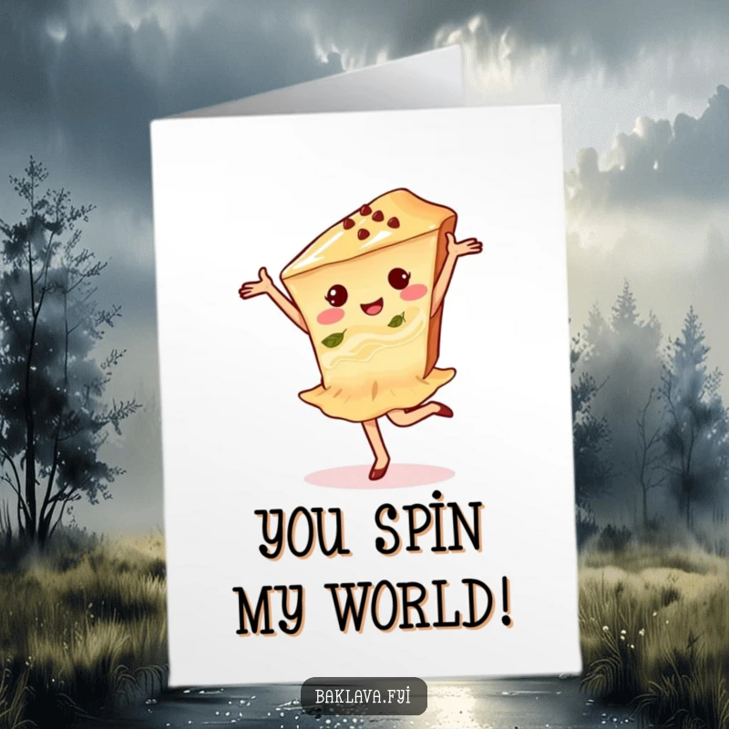 Funny Free Printable Dancing Baklava Congratulations Card: Delighted pastry slice pirouetting joyfully to celebrate achievements.