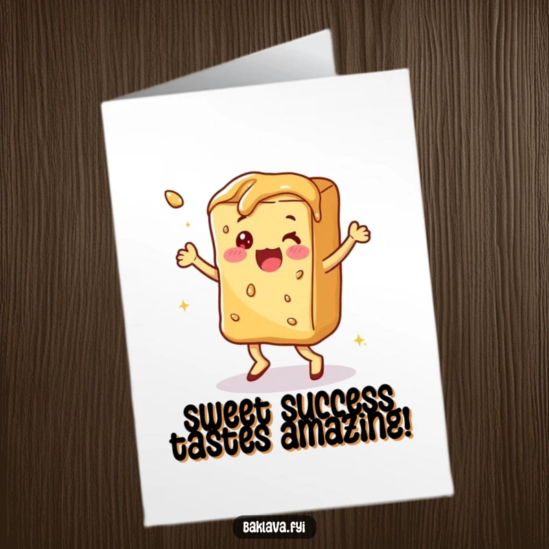 Funny Free Printable Baklava Card: A happy piece of baklava dancing, ideal for congratulating someone.