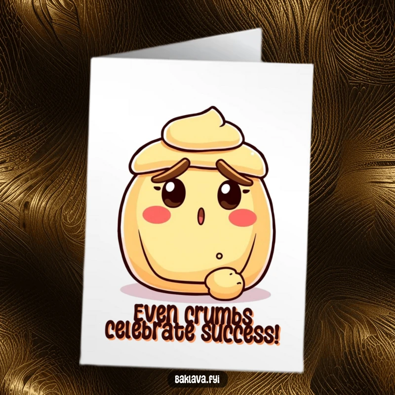 Funny Free Printable Congratulations Card: A pastry with raised crust eyebrows looking surprised at a falling crumb.