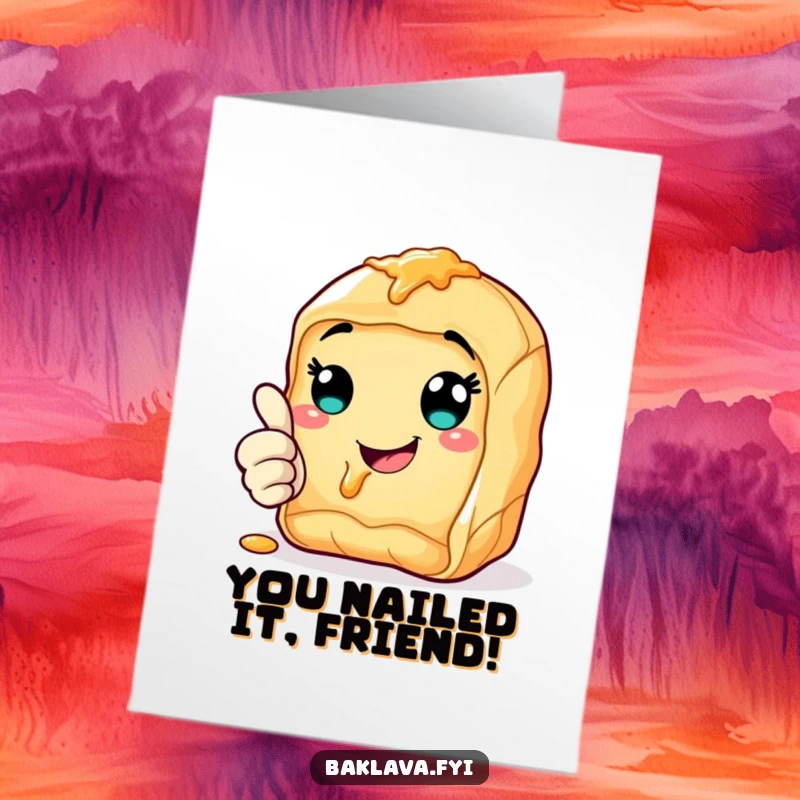 Funny Free Printable Thumbs Up Baklava Congratulations Card: Happy pastry giving a big thumbs up with a syrupy smile.